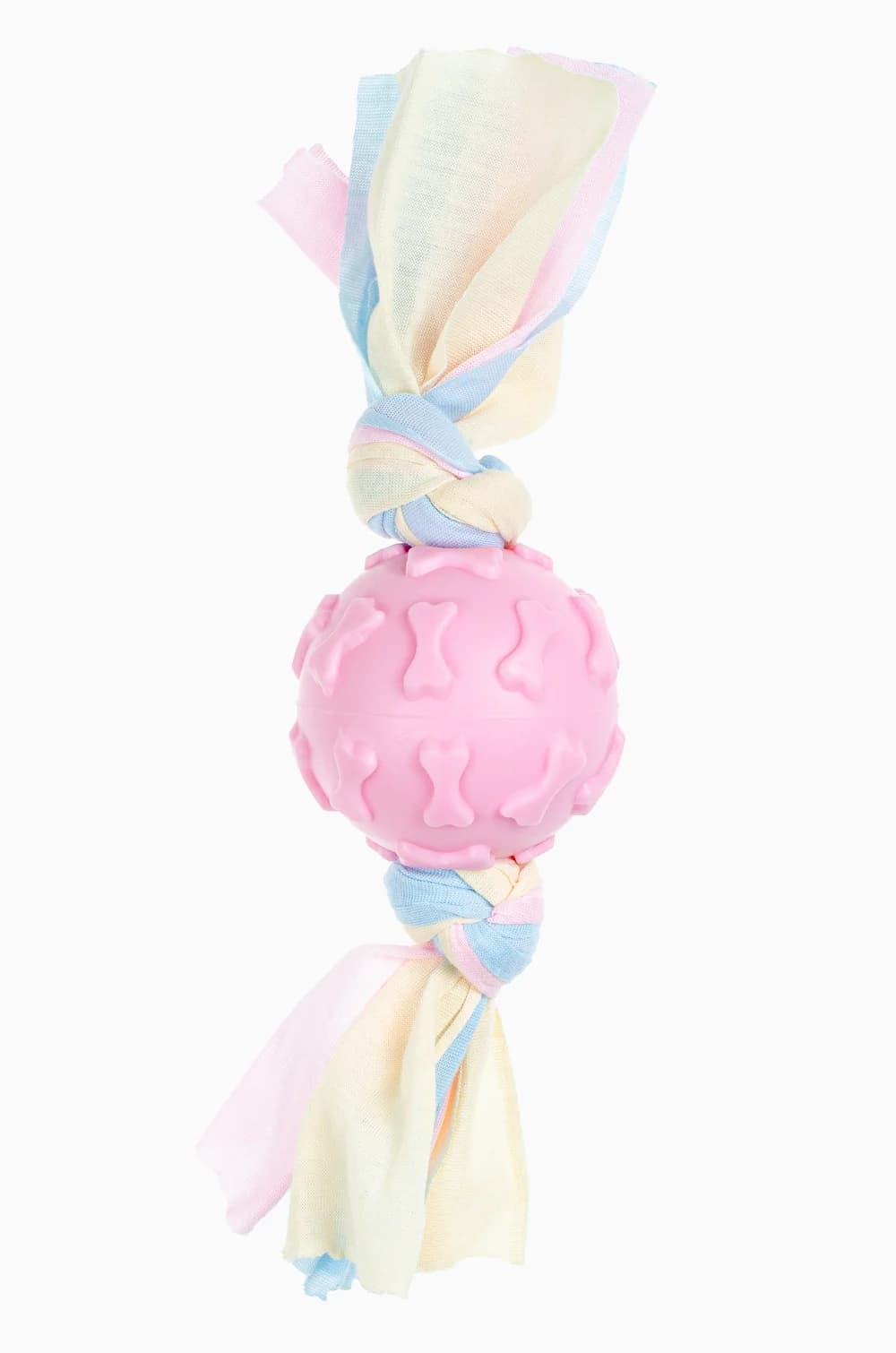 Рожевий гумовий м'ячик для собак з канатиком і кісточками (20х6см)