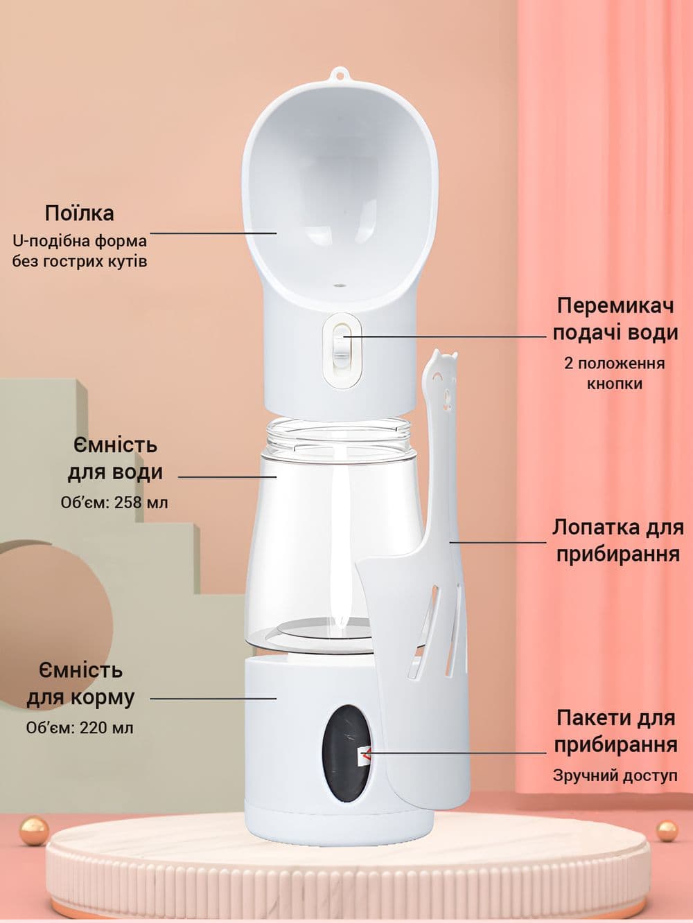 Багатофункціональна поїлка 4 в 1 для собак 258 мл + 220 мл + засоби гігієни — сіра