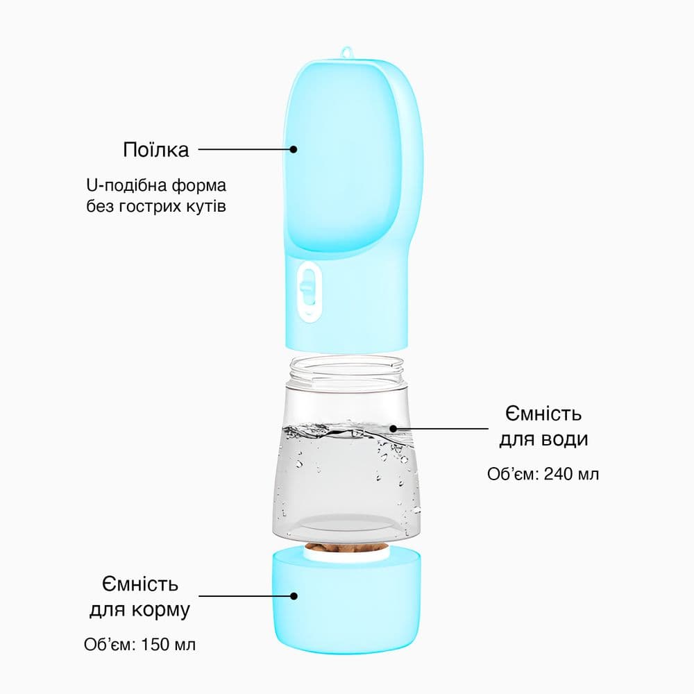 Портативна поїлка для собак з контейнером для корму 240 мл + 150 мл — сіра
